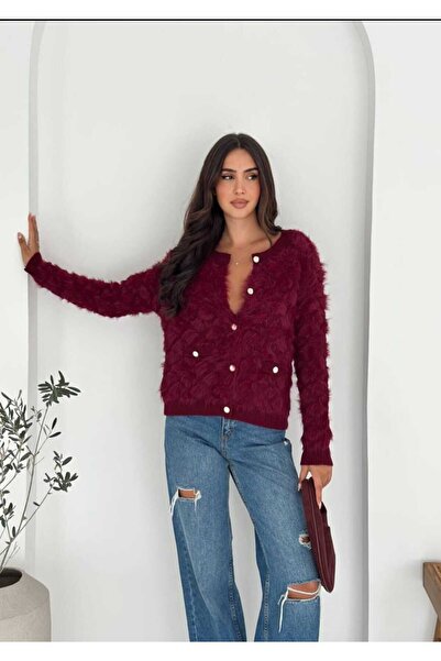 Azra Moda Style Knitwear Cardigan Diamond Pattern Soft Texture Beard Fabric Women