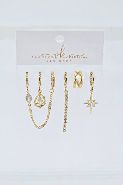 By Zeyna Aksesuar Women's Vip Series Zircon Stone 6-Piece Asymmetric Earring Set – Antiallergenic