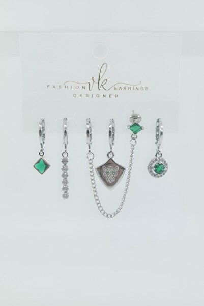 By Zeyna Aksesuar Women's Vip Series Zircon Stone 6-Piece Asymmetric Earring Set – Antiallergenic