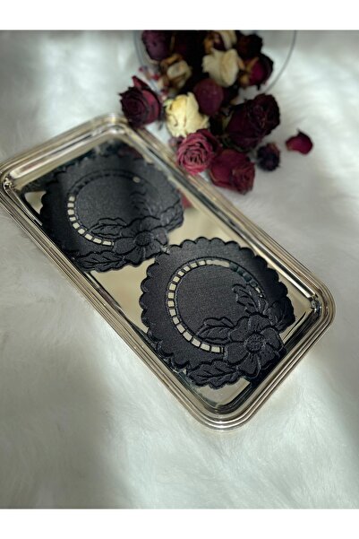 QBR Home مناديل تقديم الكوكتيل مطرزة بفتحة واحدة (قطعتان) - مناديل تقديم باللون الأسود والبني