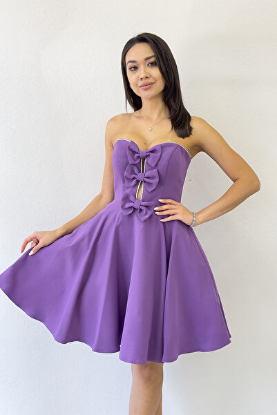 the ZKS Women's Purple Short Strapless Bow Detail Evening Dress