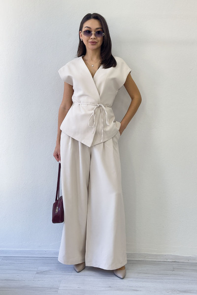 the ZKS Women's Beige Wide Leg Belted Top and Vest Two-Piece Set