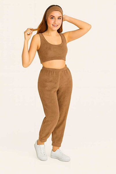 RO KİDS Women's 3-Piece Plush Fleece Pajama Set Sleeveless Strap Crop Top Long Bottom Hair Band Winter Wear