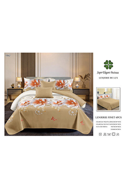 FIONNA.RO Lenjerii De Pat Din Finet 6 Piese - Crem Cu Flori Si Perle
