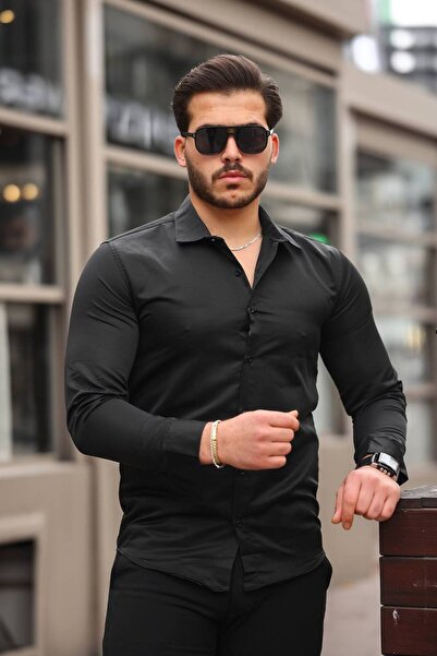 brozzi men Cămașă neagră pentru mire cu mânecă lungă slim fit