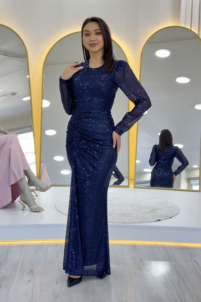 the ZKS Women's Navy Blue Draped Long Sleeve Long Sequin Evening Dress Plus Size Available