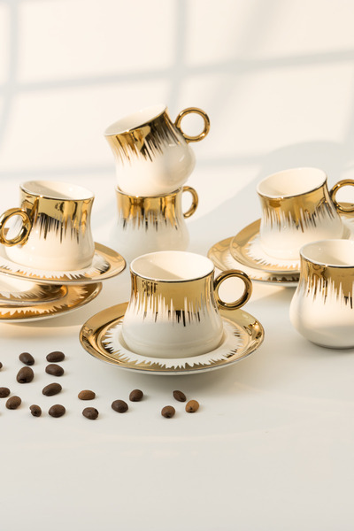 Yaren Style Luxury 6-Piece Porcelain Turkish Coffee / Espresso Cup Set with Saucers – Gold