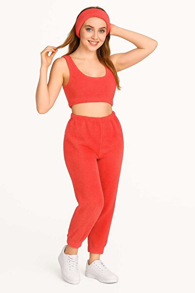 RO KİDS Women's 3-Piece Plush Fleece Pajama Set Sleeveless Strap Crop Top Long Bottom Hair Band Winter Wear