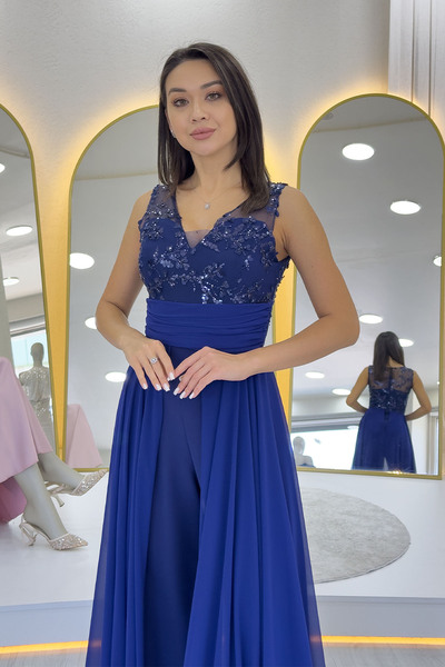 zks grup tekstil Navy Blue V-Neck Embroidered Tailored Evening Dress Jumpsuit
