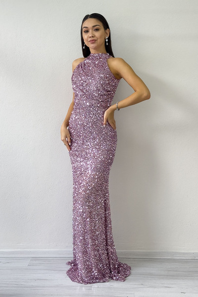 the ZKS Powder Halter Neck Sequin Tailed Evening Dress