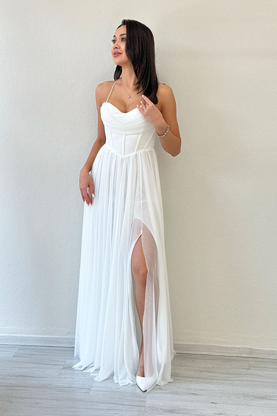 zks grup tekstil Women's White Strap Slit Detail Evening Dress