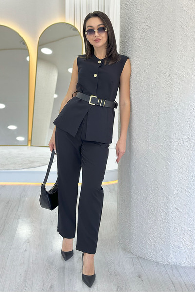 the ZKS Women's Black Belt Button Detailed Top and Bottom Vest Two-Piece Set
