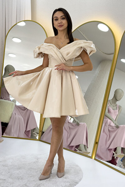 thezkscom Kadın Bej Düşük Omuz Balon Etek Balo Abiye Elbisesi