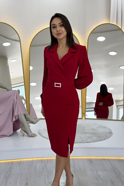 thezkscom Kırmızı Kruvaze Yaka Kemerli Midi Boy Kalem Elbise