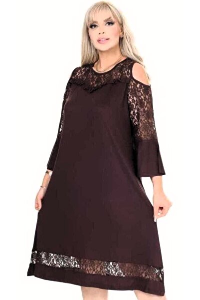Kheos Round Neckline Skirt on the Chest and Lace Detail on the Sleeves Long Flared Sleeves with Shoulder Cutouts Stretchy Dress
