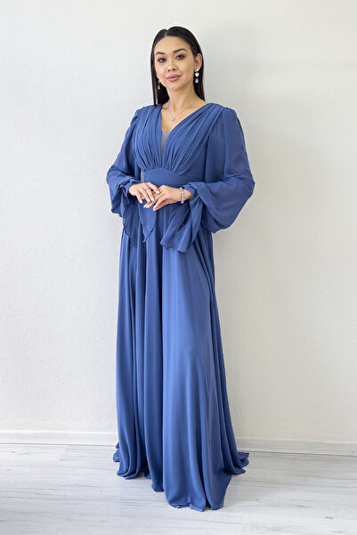 the ZKS Rochie de seară lungă, cu mâneci lungi, cu pliuri în față, de lungime maxi