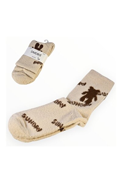 Vadodara - Women's Socks, Alpaca Wool Blend Beige with Brown 'Sunday' Text and Bear, Size 36-41