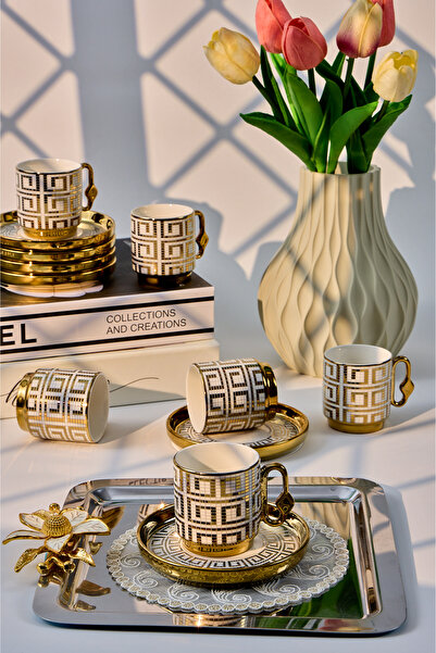 Yaren Style 6-Piece Turkish Coffee Cup Set with Gold Rim Plate – Luxury Porcelain