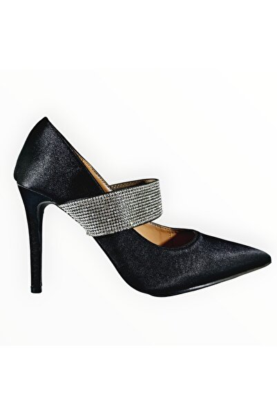 SHEIN Women's Satin Black High-Heel Shoes with Crystal Strap - Size 37 EU