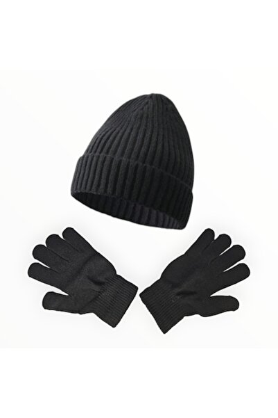 Vadodara - Men's Hat and Gloves Set, Knitted Black Acrylic, One Size