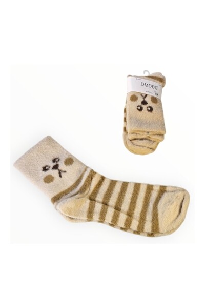Vadodara Women's Socks Blend Alpaca Wool Beige with Light Brown Stripes and Shy Bear, Size 36-41