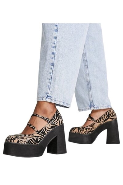 Asos Design Women's Shoes Mary Jane Synthetic Leather Brown Zebra Print Platform Demi-Wedges Size 37