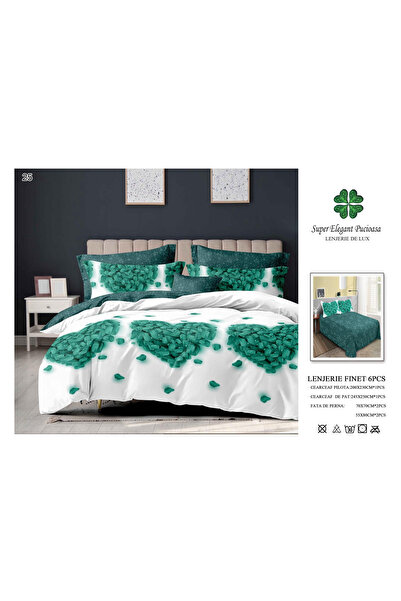 FIONNA.RO Lenjerii De Pat Din Finet 6 Piese - Inimi De Poveste Verzi