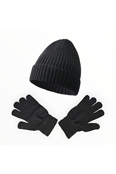 Vadodara - Men's Hat and Gloves Set, Knitted Black Acrylic, One Size