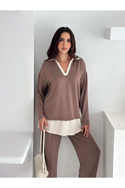 Euro Class Equri̇ Polo Collar Shirt Detail Casual Balloon Pants Double Suit