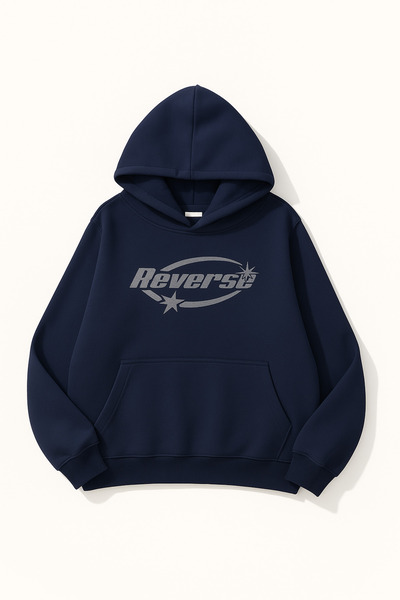 CLASSY.MODA Unisex Üç İplik Kapüşonlu Sweatshirt Reverse Baskılı Kanguru Cepl...