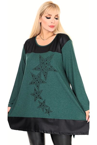 Kheos Leather Skirt Star Stone Embroidered Round Neck Long Sleeve Tunic