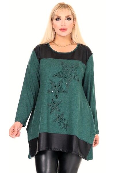 Kheos Leather Skirt Star Stone Embroidered Round Neck Long Sleeve Tunic