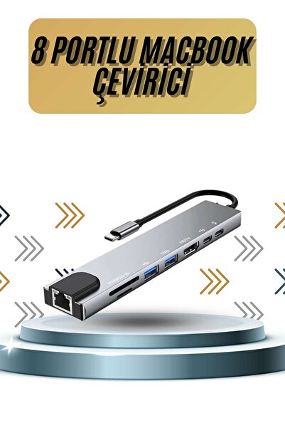 pazarella 8 Portlu Macbook Çevirici Type C Hub SD TF USB Çoğaltıcı Ethernet