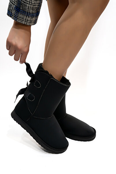 Shupe Kadın Süet Kurdeleli Orta Boy Içi Kürklü Kışlık Taban Siyah Bot
