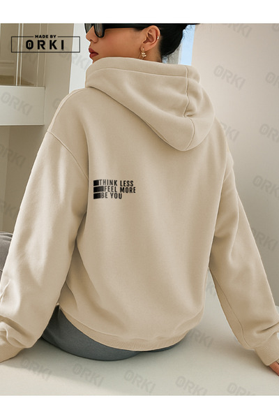 EFFRENATU Women's Beige Oversize Hooded Sweatshirt – “Be You” Text Printed, Kangaroo Pocket