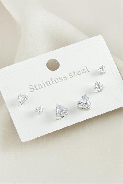 noip Mtxdpn 6 Pcs Triangle Zircon Stone Steel (155354) Earrings-Silver Color