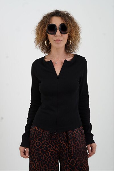 Zelish My Sister Bluză neagră cu mâneci lungi cu fermoar