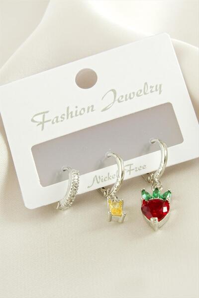 ZERO LAND Msa-Shop 3 Pieces Heart Zircon Stone Earrings-Silver Color