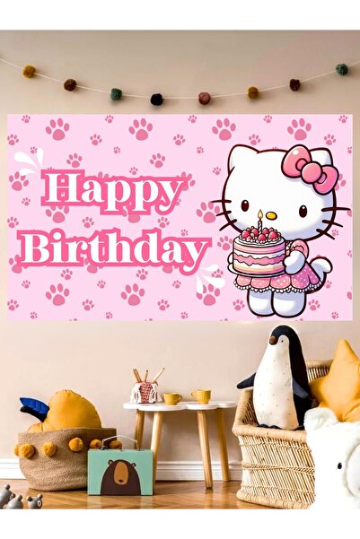 Laviyosa Taçlı Kedi Temalı Doğum Günü Afişi Arka Fonu 60x100 Vinil Branda Pan...