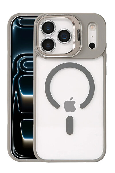 Fuchsia غطاء آيفون 17 برو من آبل مع عدسة ريميم وحامل ماجسيف - رمادي تيتاني