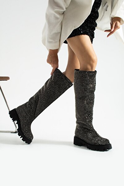 diclepolat Γυναικείες μαύρες ασημένιες πέτρινες μπότες χωρίς φερμουάρ Velosa