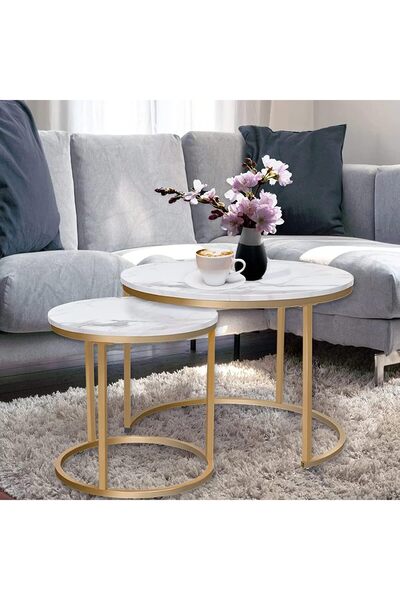 Türkiye Round Coffee Tables, Removable Set of 2 End Table, Nesting Tables with Gold Metal Frame Legs and Mar