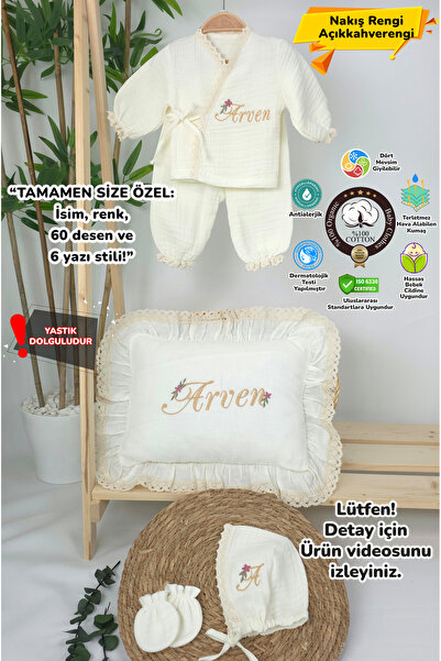 gros shop Müslin Yeni Doğan 4Katlı Organik %100Pamuk Kişiye Özgü Nakışlı Hast...