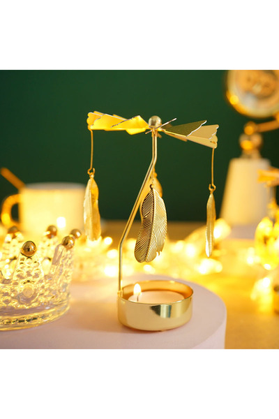 Livava Yapraklı Metal Mumluk, Isı İle Döner, Altın, 13x8