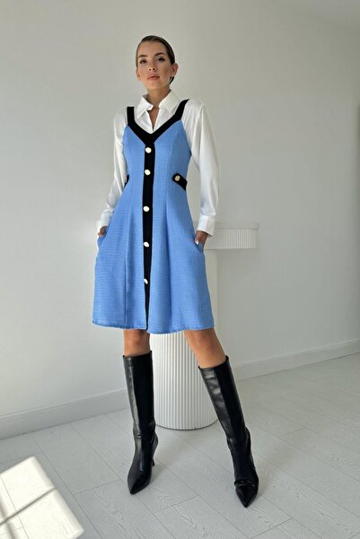 MODA Μπλε μαύρο διακοσμητικό φόρεμα με λουράκι τσέπης