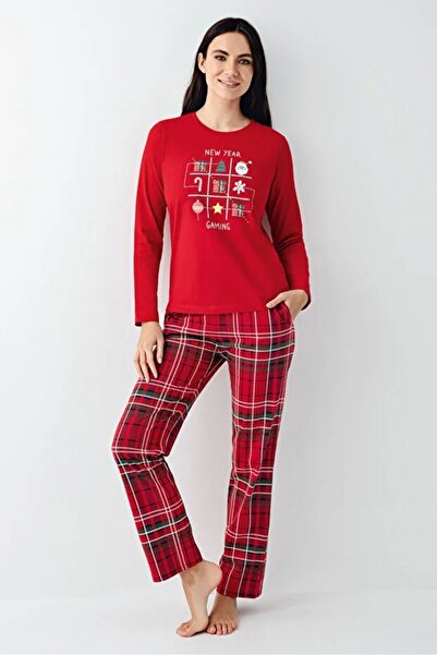 Arnetta 100% Cotton Christmas Themed Circular Neck Long Sleeve Bottom Plaid Pattern Women's Pajama Set