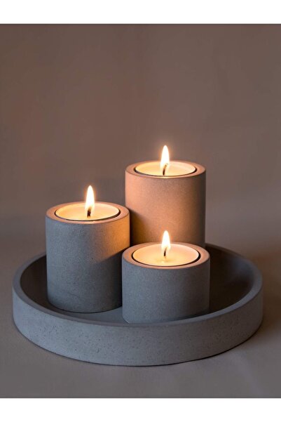 LALEZEN HOME BETON TEPSİLİ ÜÇLÜ MUMLUK( TEALİGHT MUM HEDİYELİ )