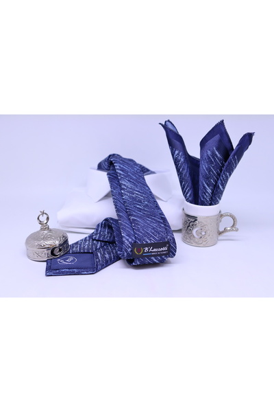 B'lazzotti Woven Handkerchief Tie for Men Navy Blue Beige