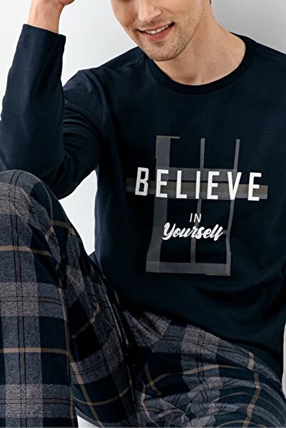 Arnetta %100 PAMUK BİSİKLET YAKA UZUN KOLLU ALTI EKOSE DESEN ERKEK PİJAMA TAKIM