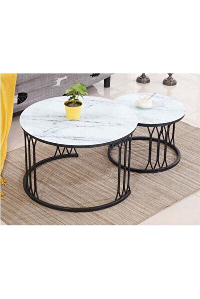 Türkiye Set of 2 Modern Nesting Coffee Table With Sturdy Metal Frame Easy Assembly White/Black